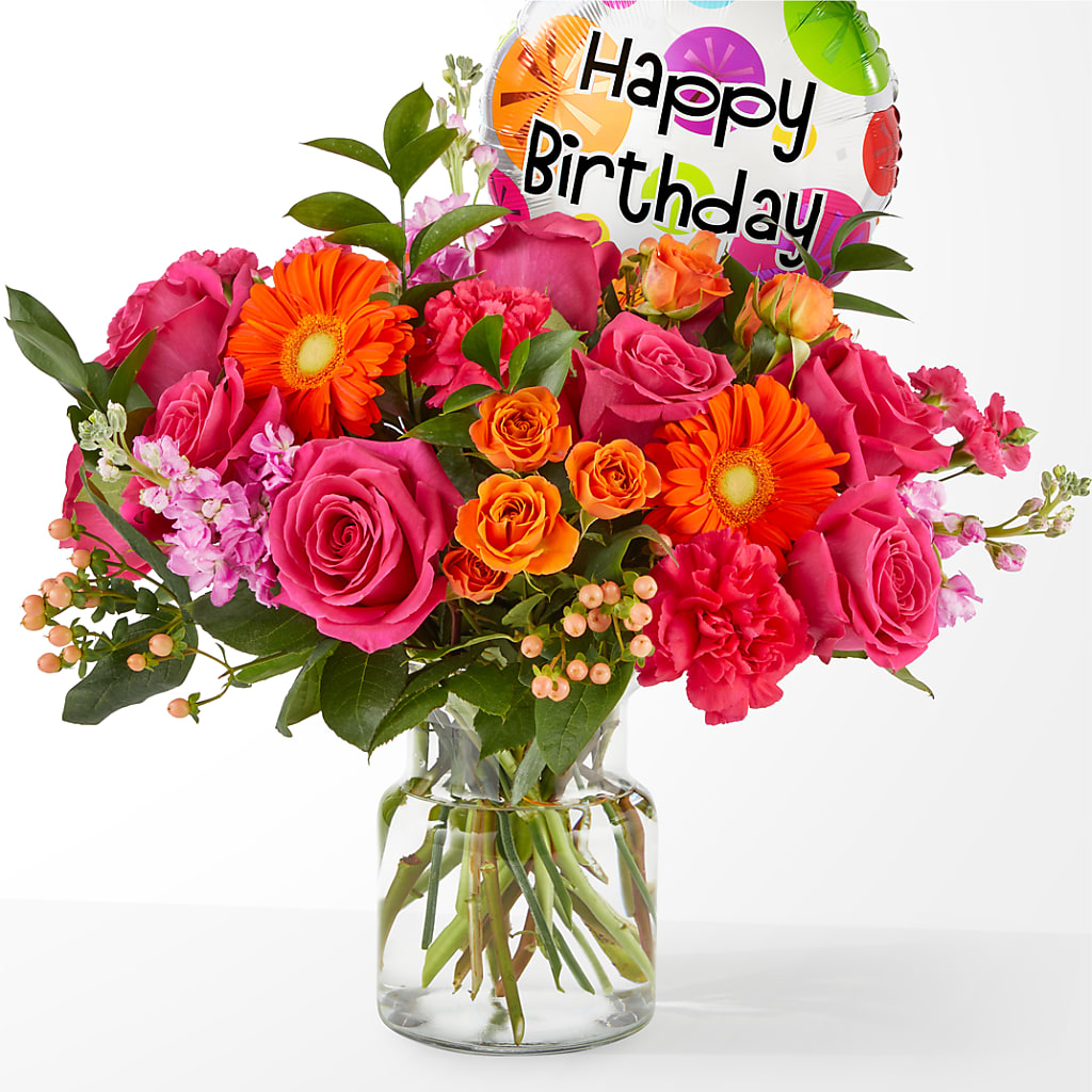 Fiesta Bouquet with Birthday Balloon – Luxe Flowers Birmingham, Birmingham MI