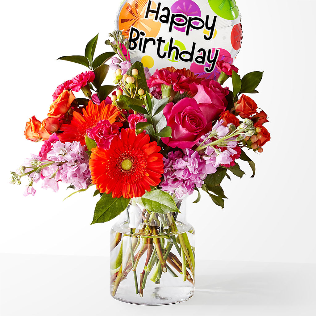 Fiesta Bouquet with Birthday Balloon – Luxe Flowers Birmingham, Birmingham MI