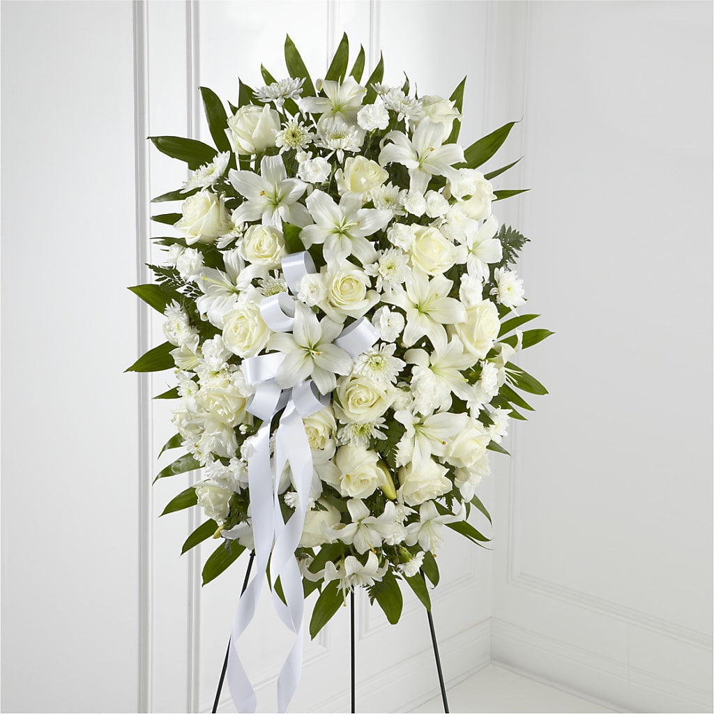 Exquisite Tribute Standing Spray-White Ribbon – Luxe Flowers Birmingham, Birmingham MI