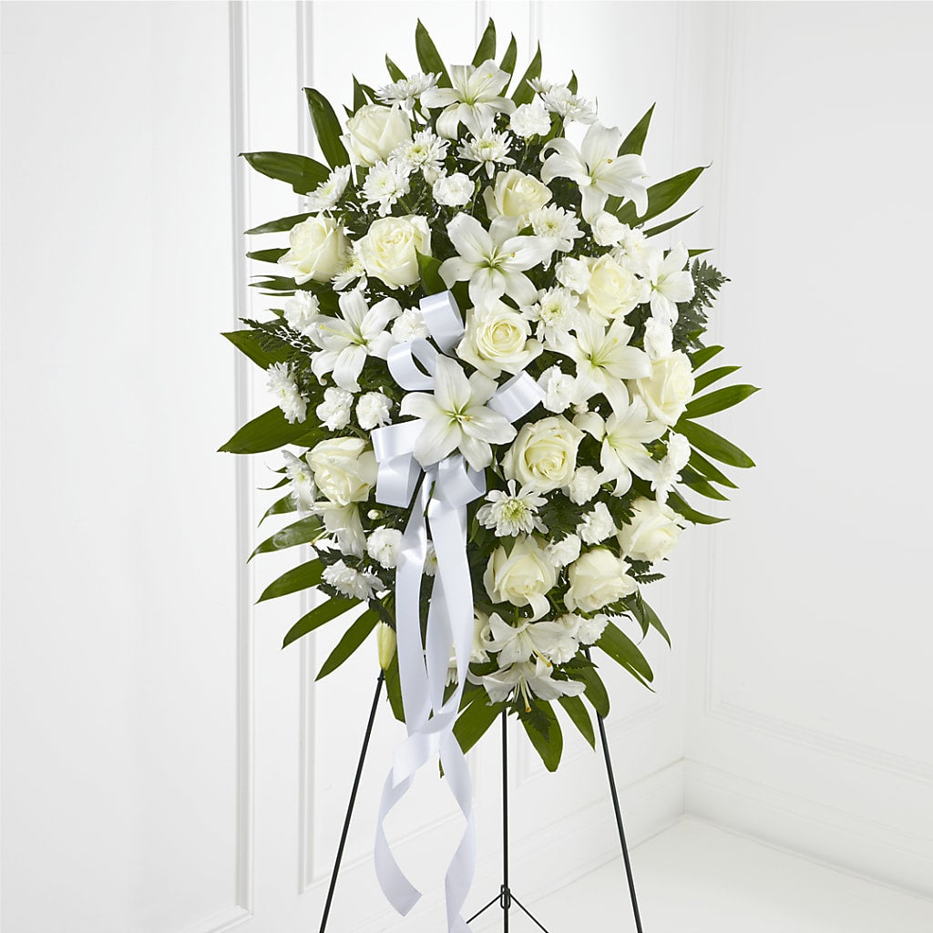 Exquisite Tribute Standing Spray-White Ribbon – Luxe Flowers Birmingham, Birmingham MI