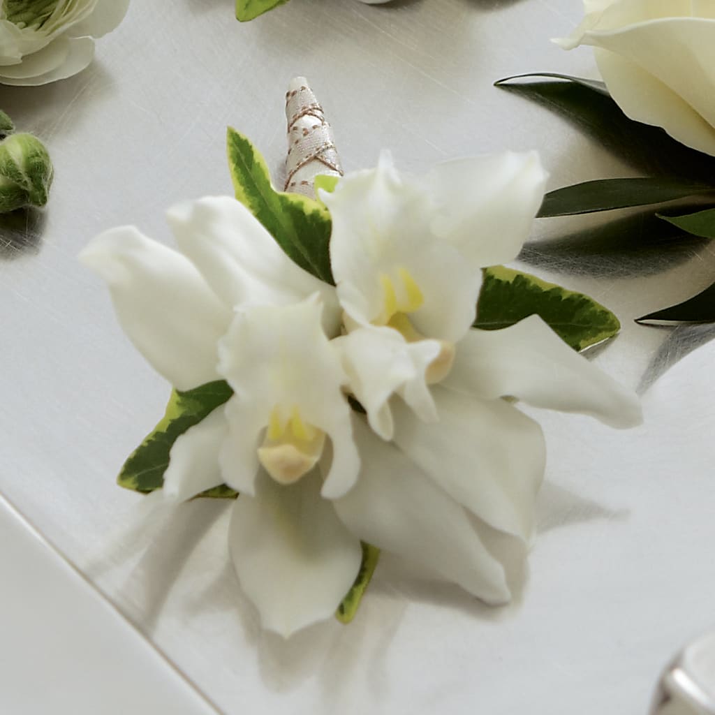 White Mini Cymbidium Boutonniere – Luxe Flowers Birmingham, Birmingham MI